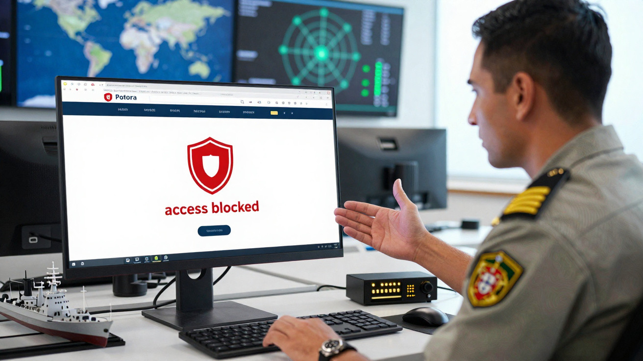 Homem fardado vê mensagem "acesso bloqueado" num computador num centro de controlo.
