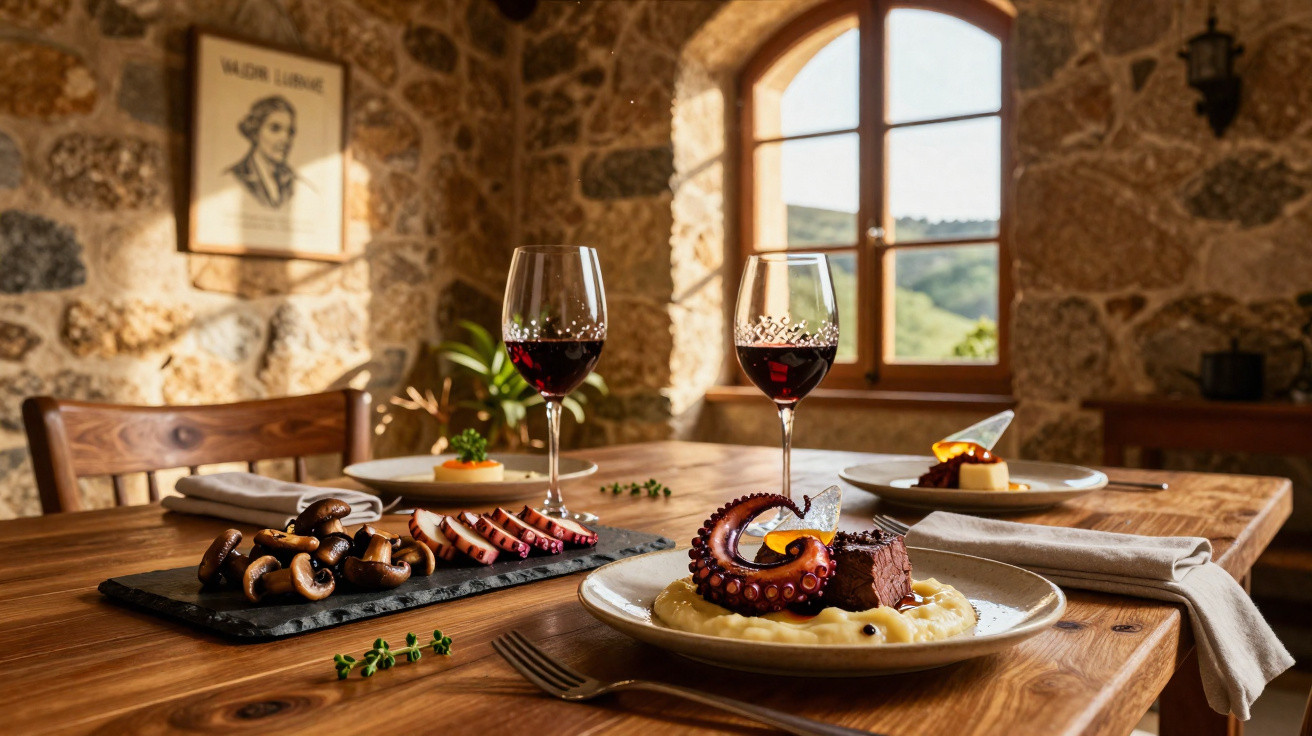 Mesa de madeira rústica com pratos gourmet, copos de vinho tinto e janela com vista campestre.