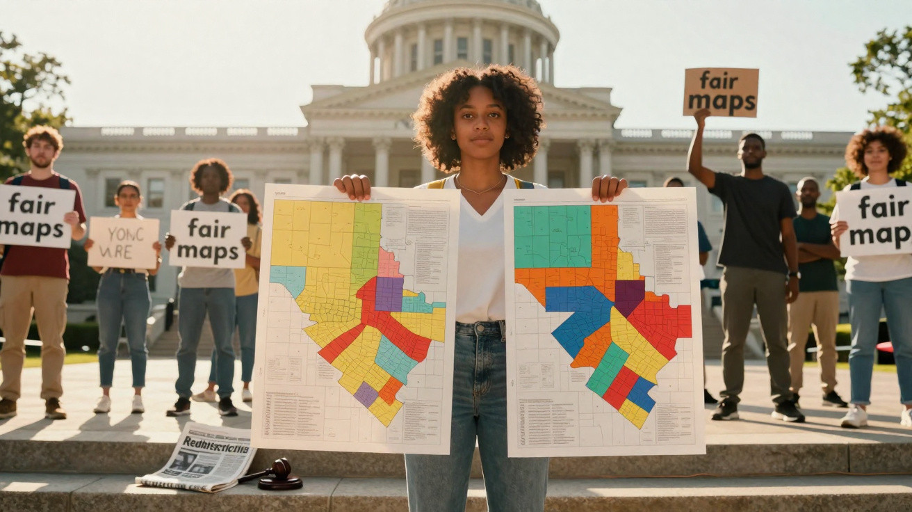 Mulher segura mapas coloridos em protesto por redistribuição eleitoral justa em frente a edifício governamental.
