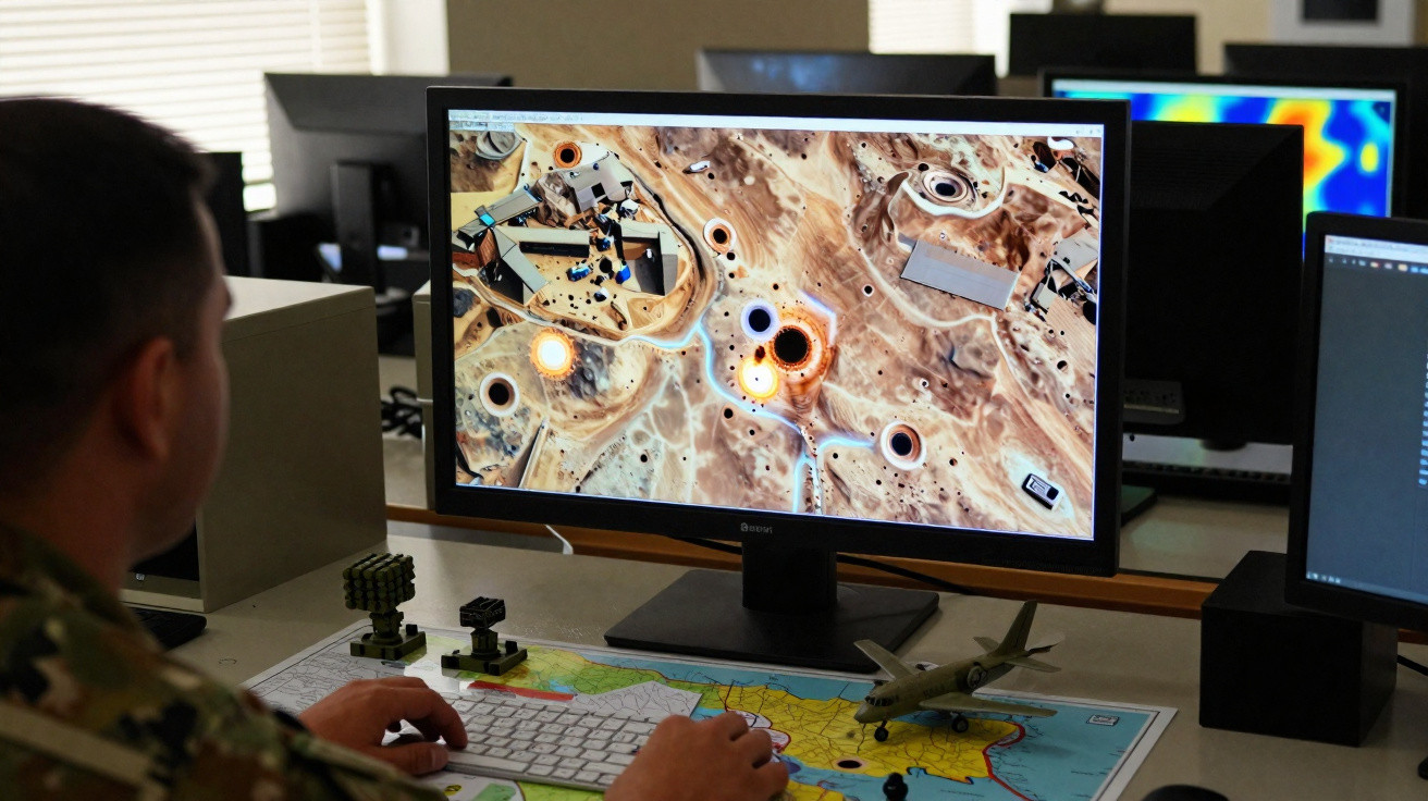 Homem militar analisa imagem simulada de terreno desértico em ecrã de computador numa sala com várias estações de trabalho.