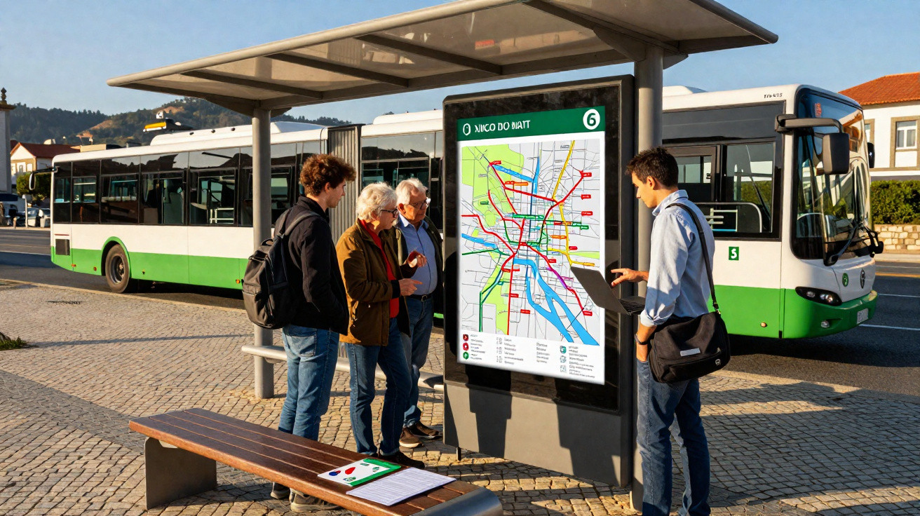 Quatro pessoas consultam um mapa numa paragem de autocarro junto a um autocarro verde e branco estacionado.