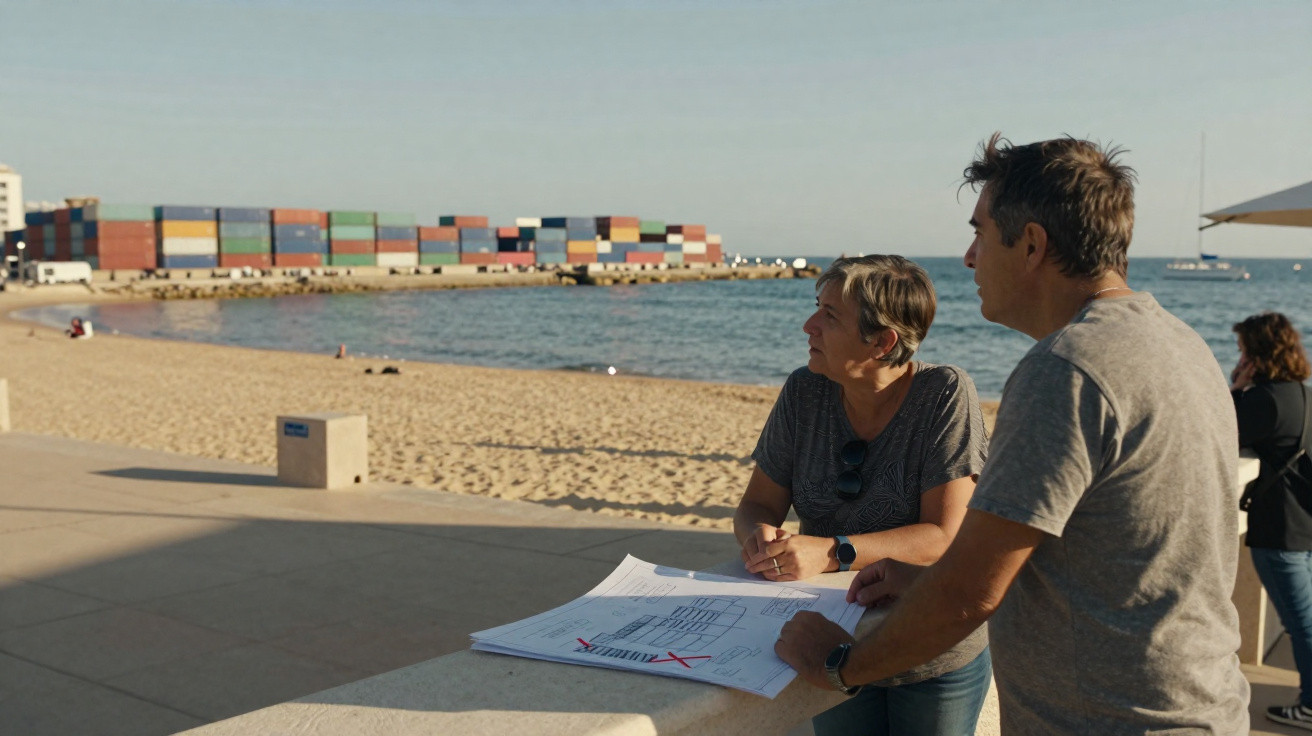 Duas pessoas observam o mar e planos numa praia com contentores no porto ao fundo.